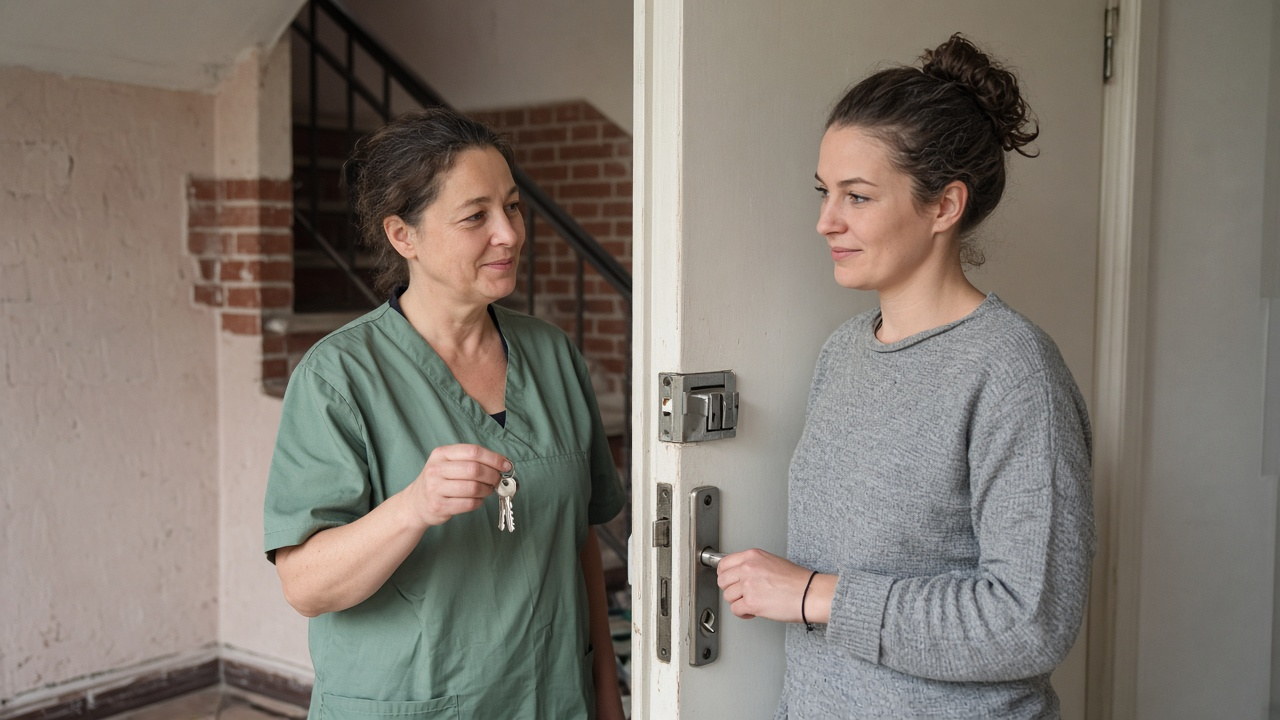 Reinigungskraft und Bewohnerin an der Wohnungstür, Schlüssel in der Hand