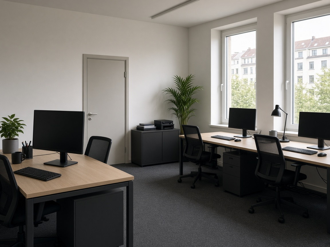 Kleines Büro mit zwei Schreibtischen, Bildschirmen und einer Pflanze am Fenster