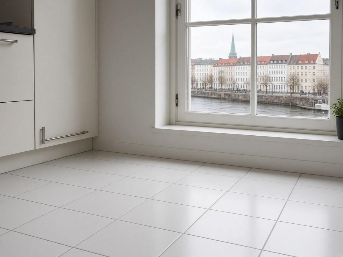 Weißes Badezimmer nach Grundreinigung: Wanne, Fliesen, Fenster