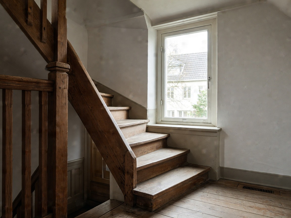 Holztreppe in einem kleinen Haus, weißes Geländer, Licht von oben