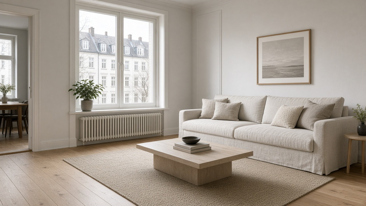 Helle Wohnung nach der Reinigung: cremefarbenes Sofa, Eichenboden, Fensterfront