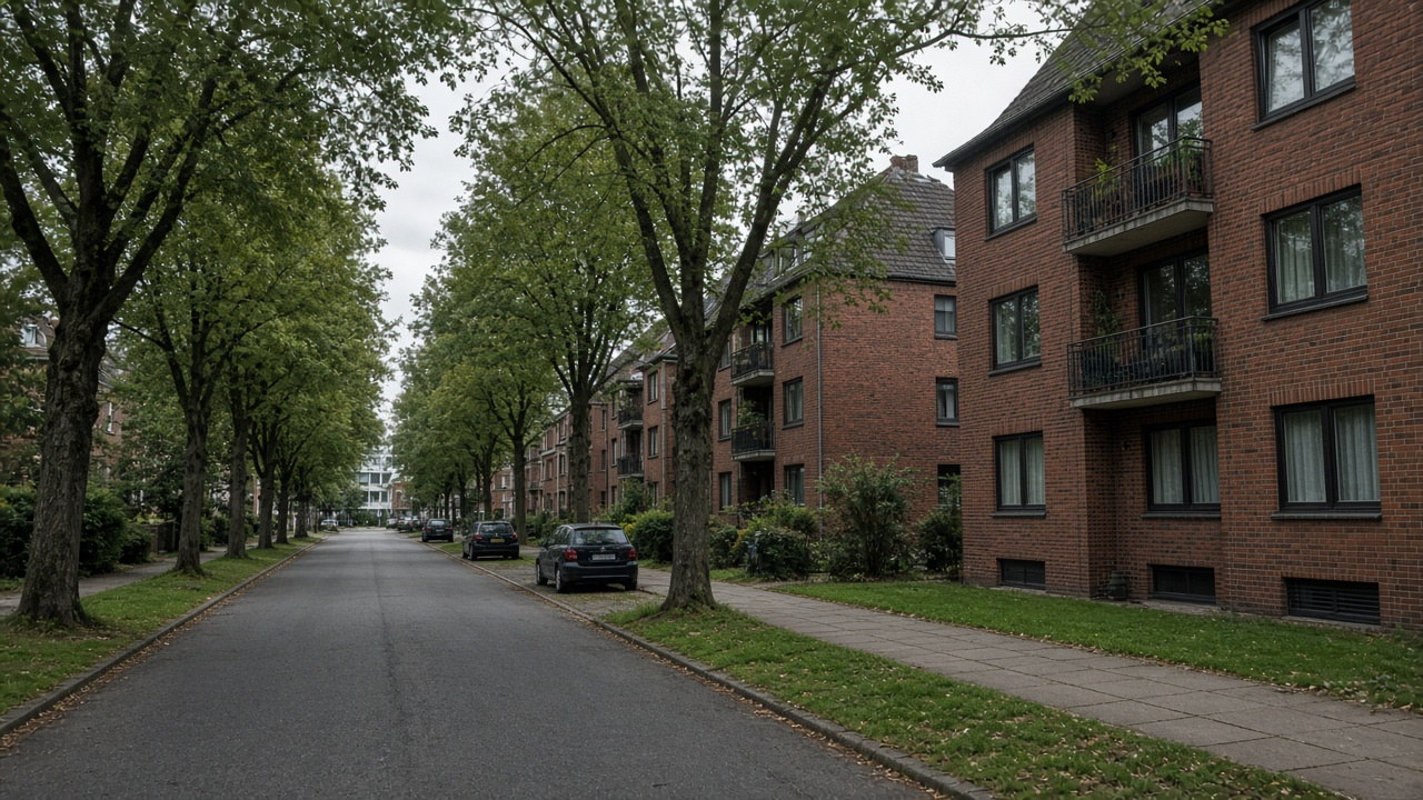 Backsteinhäuser und leere Straße in Hamburg-Wilhelmsburg bei bedecktem Himmel