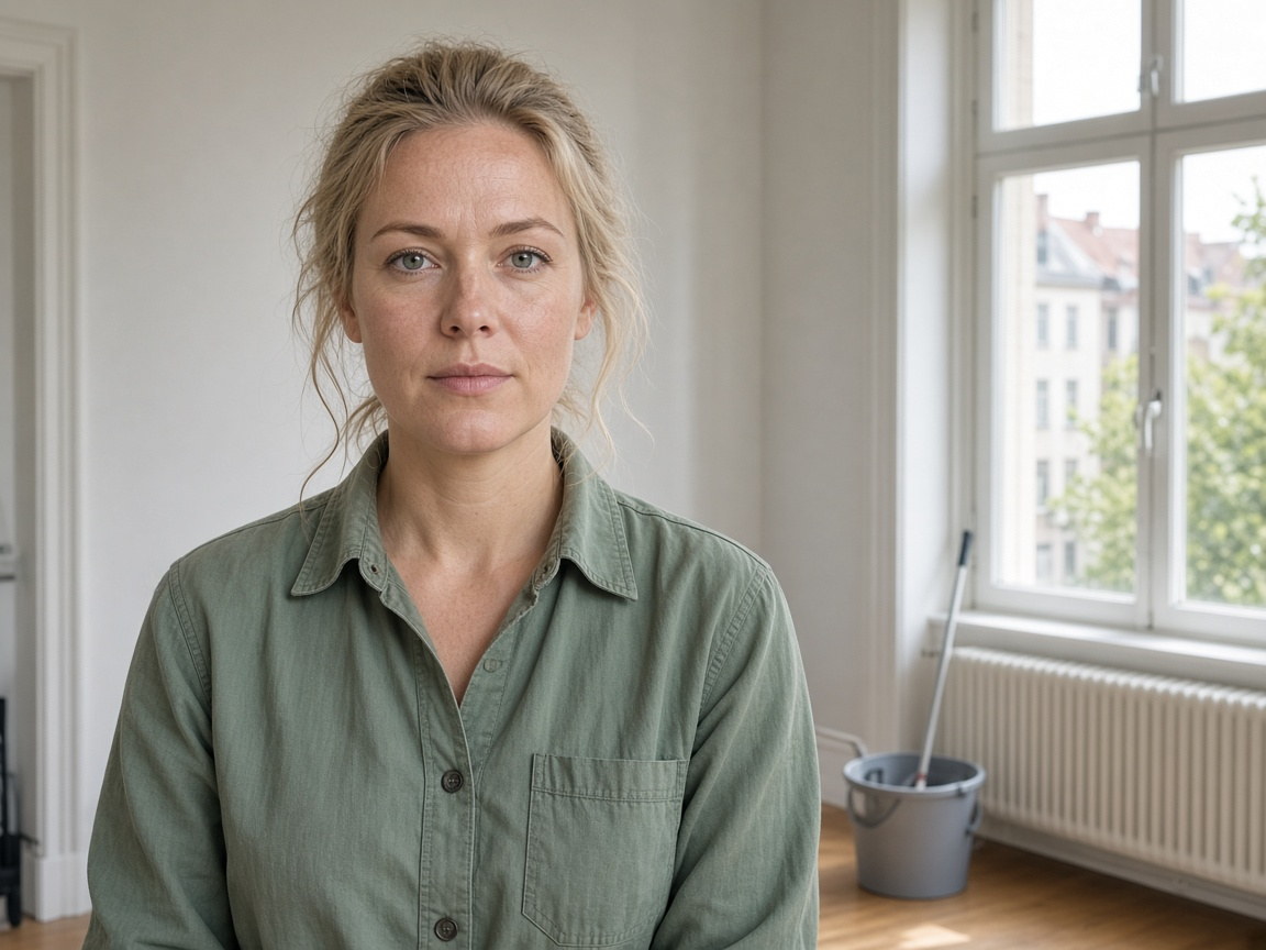 Porträt einer Reinigungskraft im hellen Zimmer, grünes Hemd, Blick zur Kamera